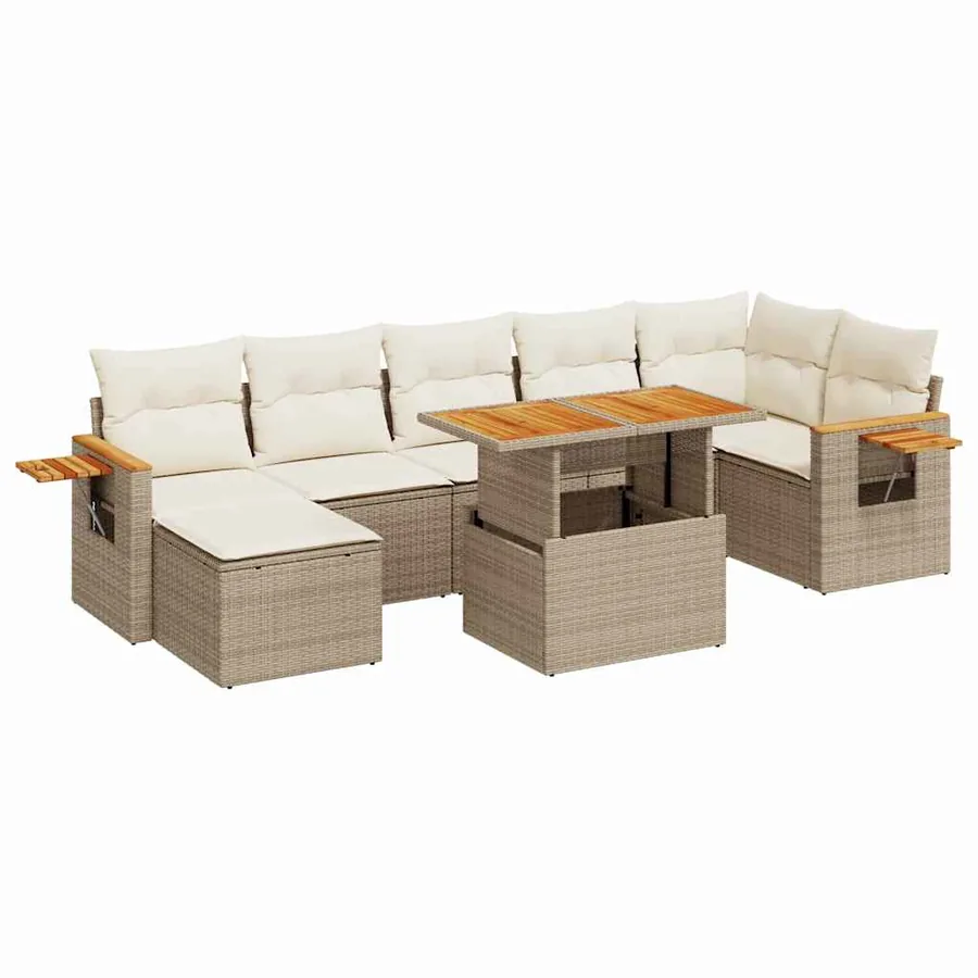 Salon de jardin avec coussins 8 pcs beige résine tressée acacia - 2