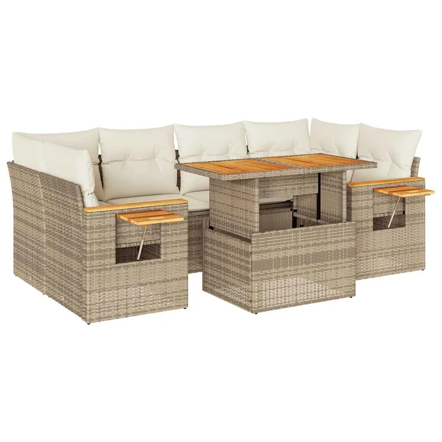 Salon de jardin avec coussins 7 pcs beige résine tressée acacia - 2