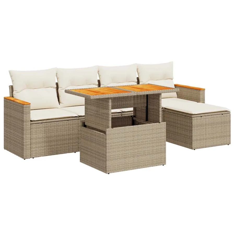 Salon de jardin 6 pcs avec coussins beige résine tressée acacia - 2