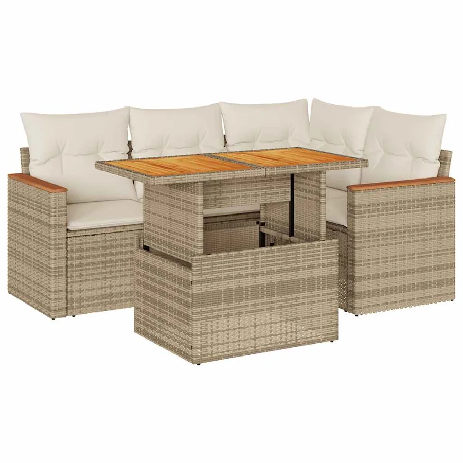 Salon de jardin avec coussins 5 pcs beige résine tressée acacia - 2