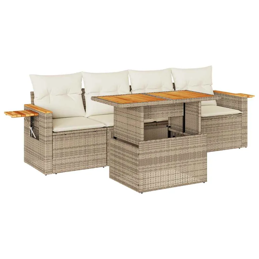 Salon de jardin avec coussins 5 pcs beige résine tressée acacia - 2