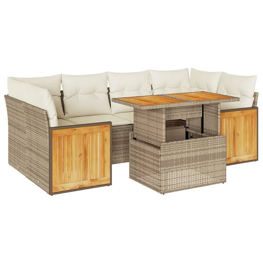 Salon de jardin avec coussins 7 pcs beige résine tressée acacia - 2