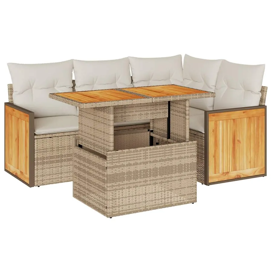 Salon de jardin avec coussins 5 pcs beige résine tressée acacia - 2