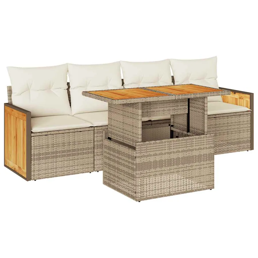 Salon de jardin avec coussins 5 pcs beige résine tressée acacia - 2
