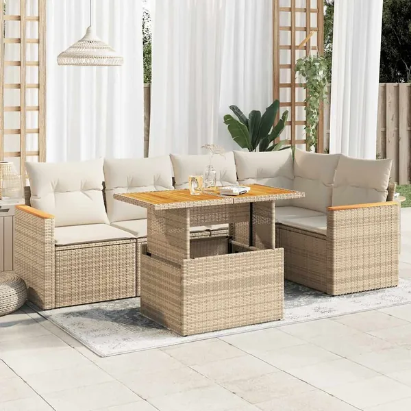 Salon de jardin 6 pcs avec coussins beige résine tressée acacia