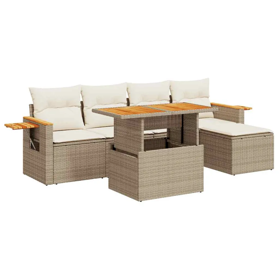 Salon de jardin 6 pcs avec coussins beige résine tressée acacia - 2