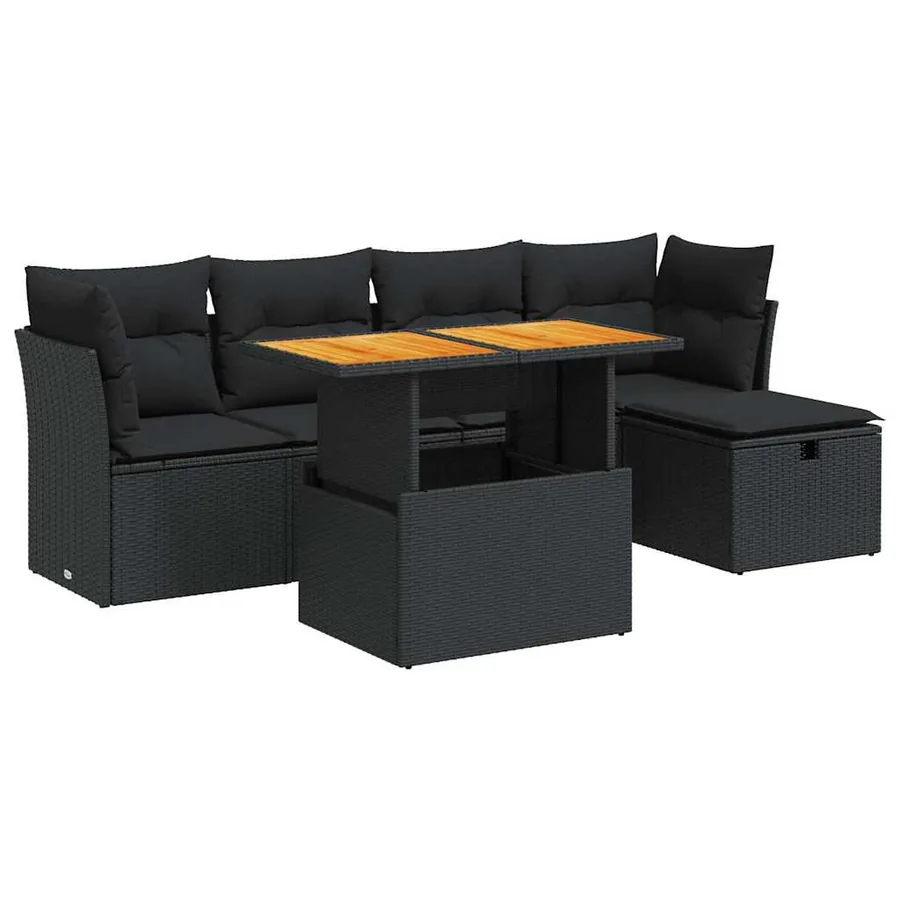 Salon de jardin 6 pcs avec coussins noir résine tressée acacia - 2