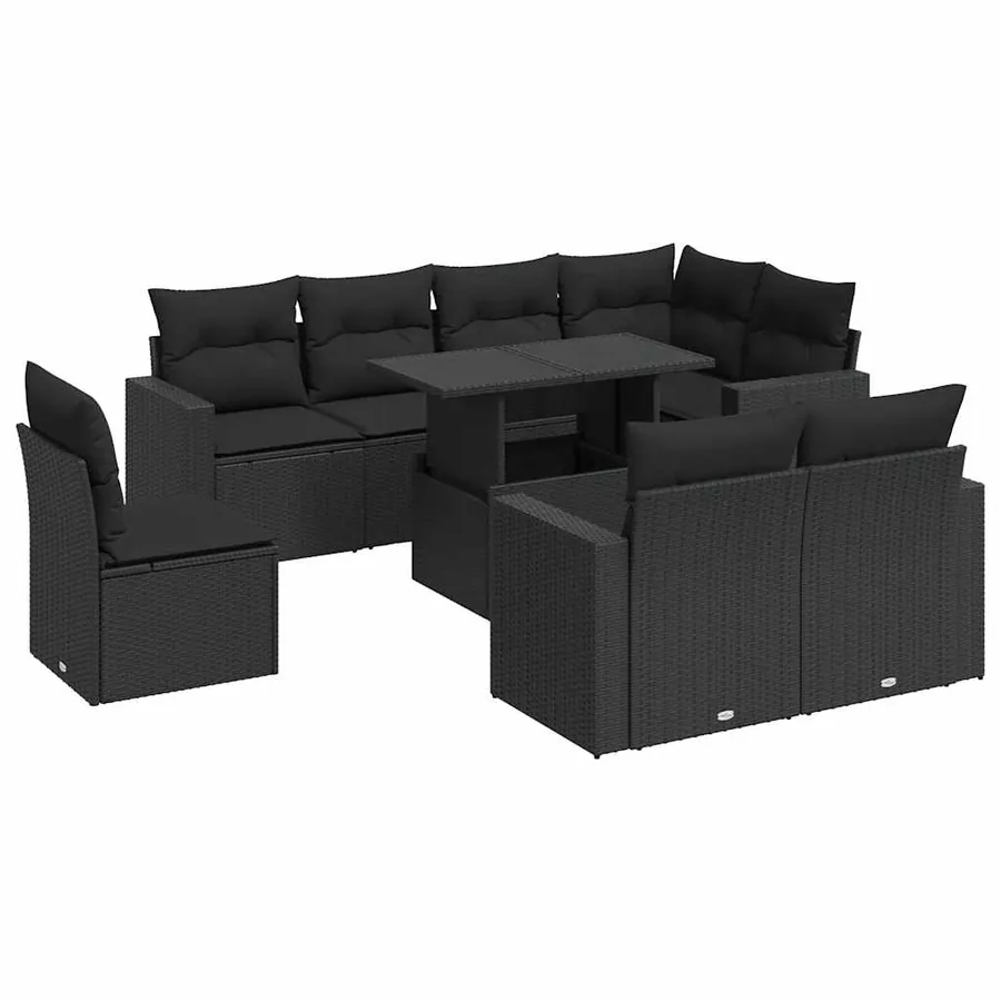 Salon de jardin 9 pcs avec coussins noir résine tressée - 2