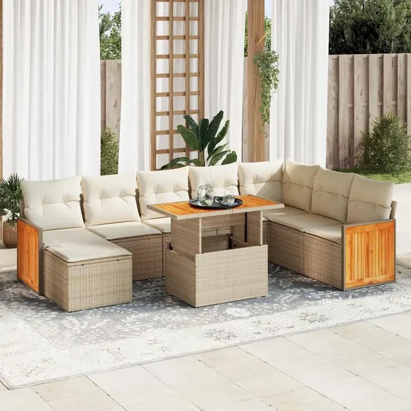 Salon de jardin avec coussins 9 pcs beige résine tressée acacia