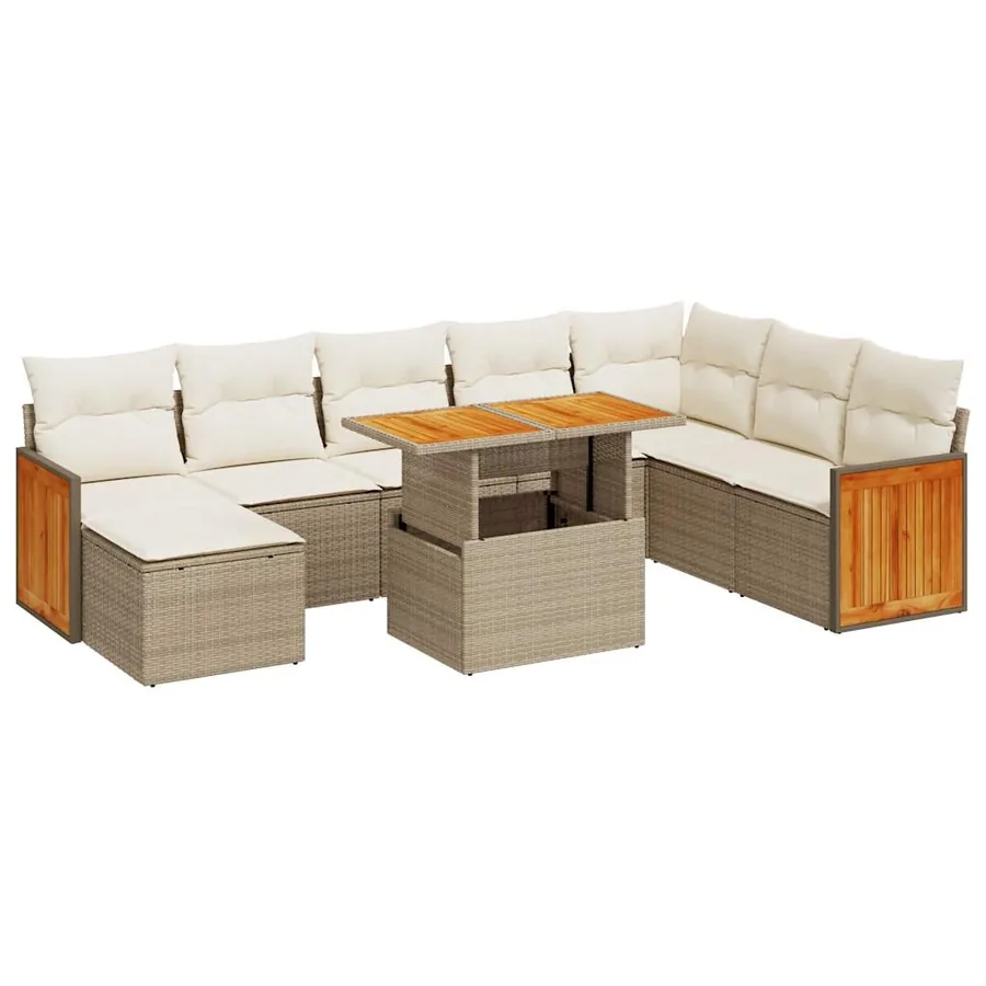 Salon de jardin avec coussins 9 pcs beige résine tressée acacia - 2