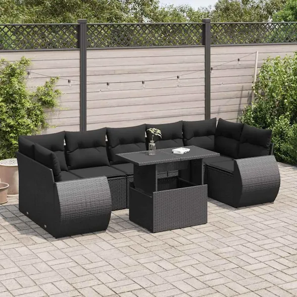 Salon de jardin 8 pcs avec coussins noir résine tressée