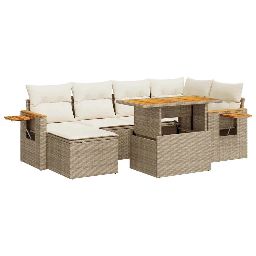 Salon de jardin avec coussins 7 pcs beige résine tressée acacia - 2