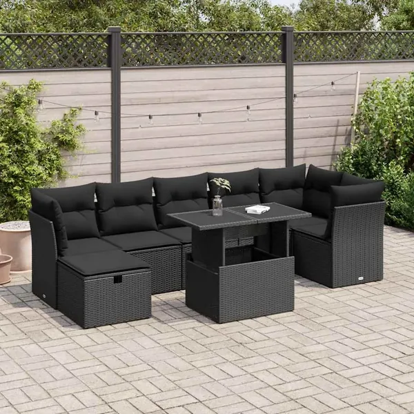 Salon de jardin 8 pcs avec coussins noir résine tressée