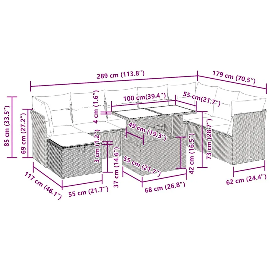 Salon de jardin avec coussins 9 pcs beige résine tressée - 13