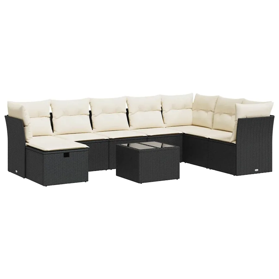 Salon de jardin 9 pcs avec coussins noir résine tressée - 2