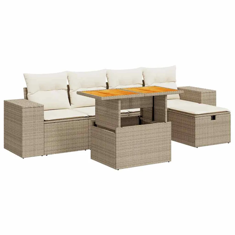 Salon de jardin 6 pcs avec coussins beige résine tressée acacia - 2