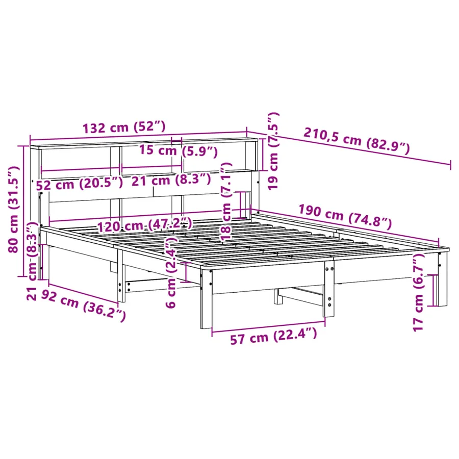 Lit bibliothèque sans matelas cire marron 120x190cm pin massif - 9