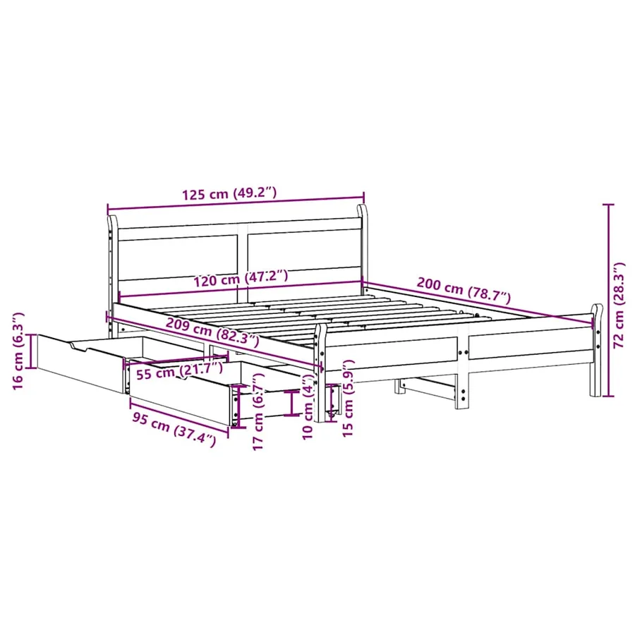 Cadre de lit sans matelas cire marron 120x200cm bois pin massif - 12