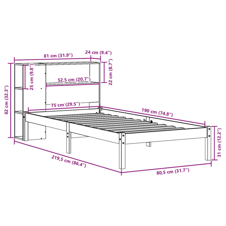 Lit bibliothèque sans matelas 75x190 cm bois de pin massif - 12