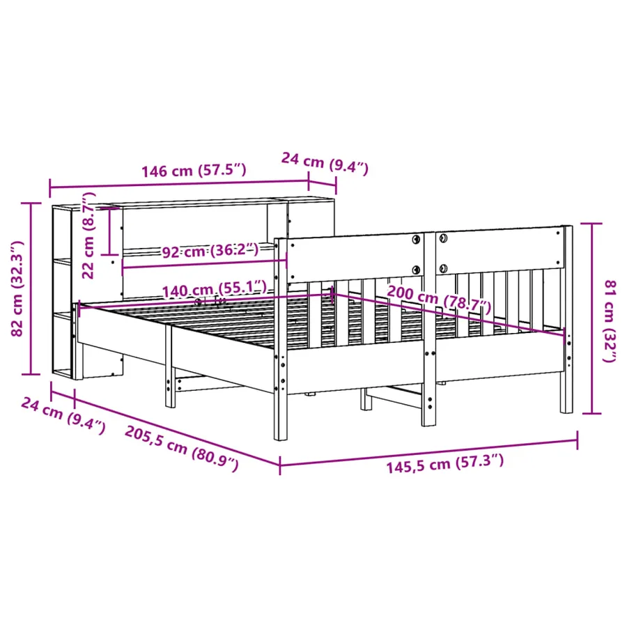 Lit bibliothèque sans matelas blanc 140x200 cm bois pin massif - 12