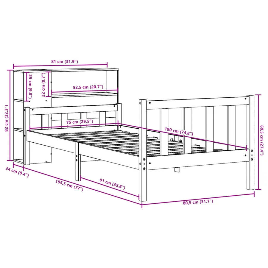 Lit bibliothèque sans matelas 75x190 cm bois de pin massif - 12