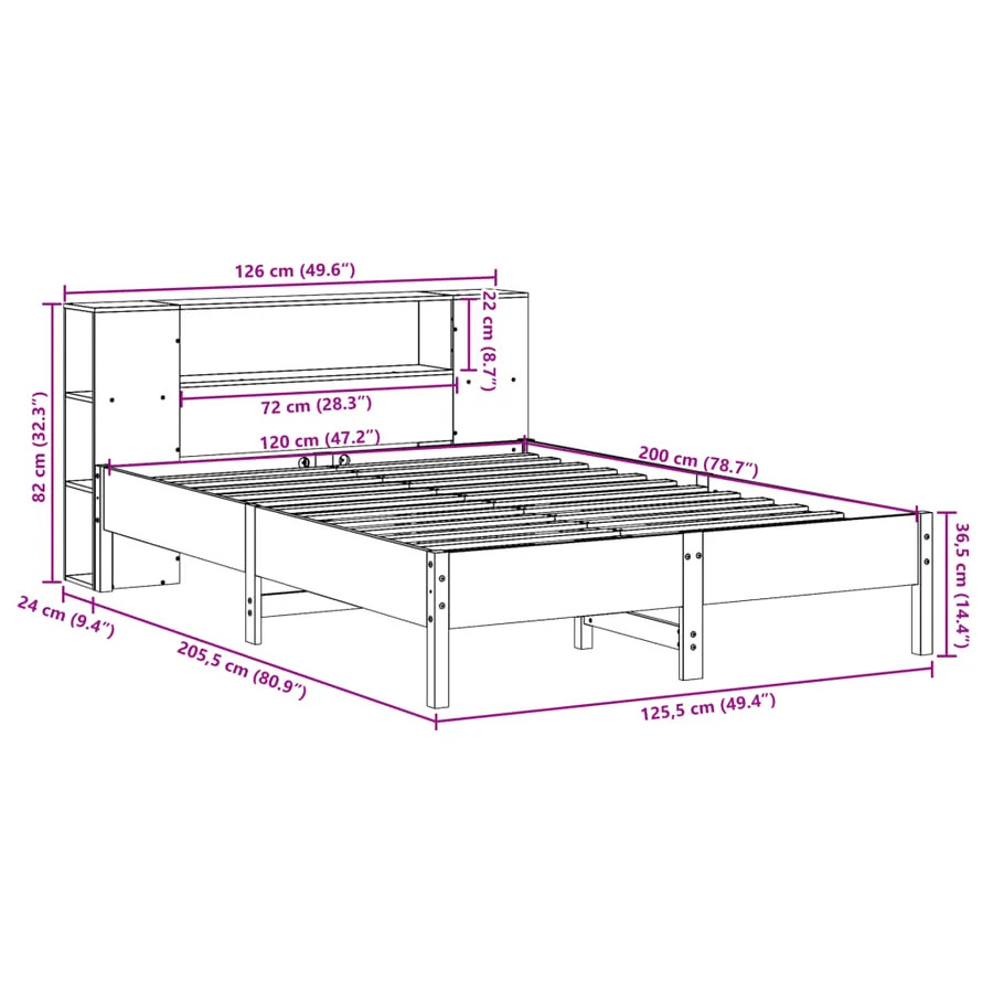 Lit bibliothèque sans matelas blanc 120x200 cm bois pin massif - 11