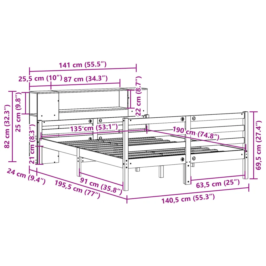 Lit bibliothèque sans matelas blanc 135x190 cm bois pin massif - 11