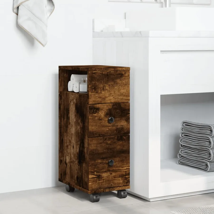 Meuble étroit de salle de bain à roulettes chêne fumé - 3