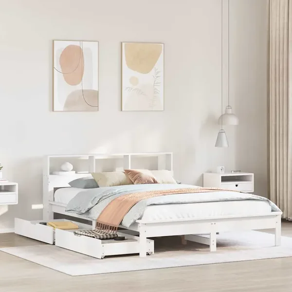 Lit bibliothèque sans matelas blanc 135x190 cm bois pin massif