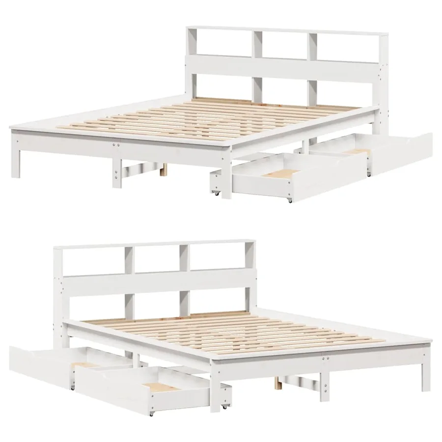 Lit bibliothèque sans matelas blanc 135x190 cm bois pin massif - 9