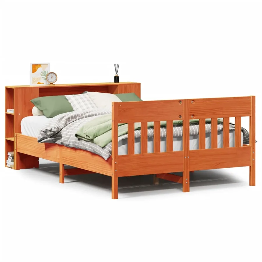 Lit bibliothèque sans matelas cire marron 150x200 cm pin massif - 2