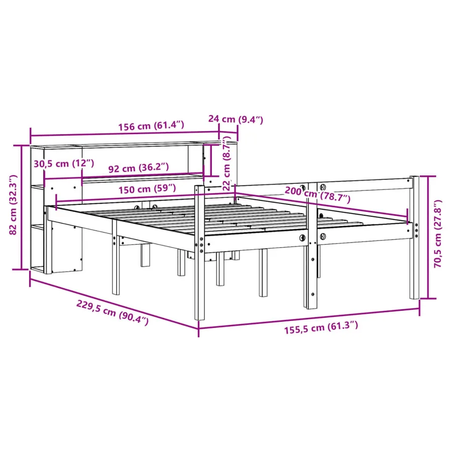 Lit bibliothèque sans matelas cire marron 150x200cm bois massif - 12