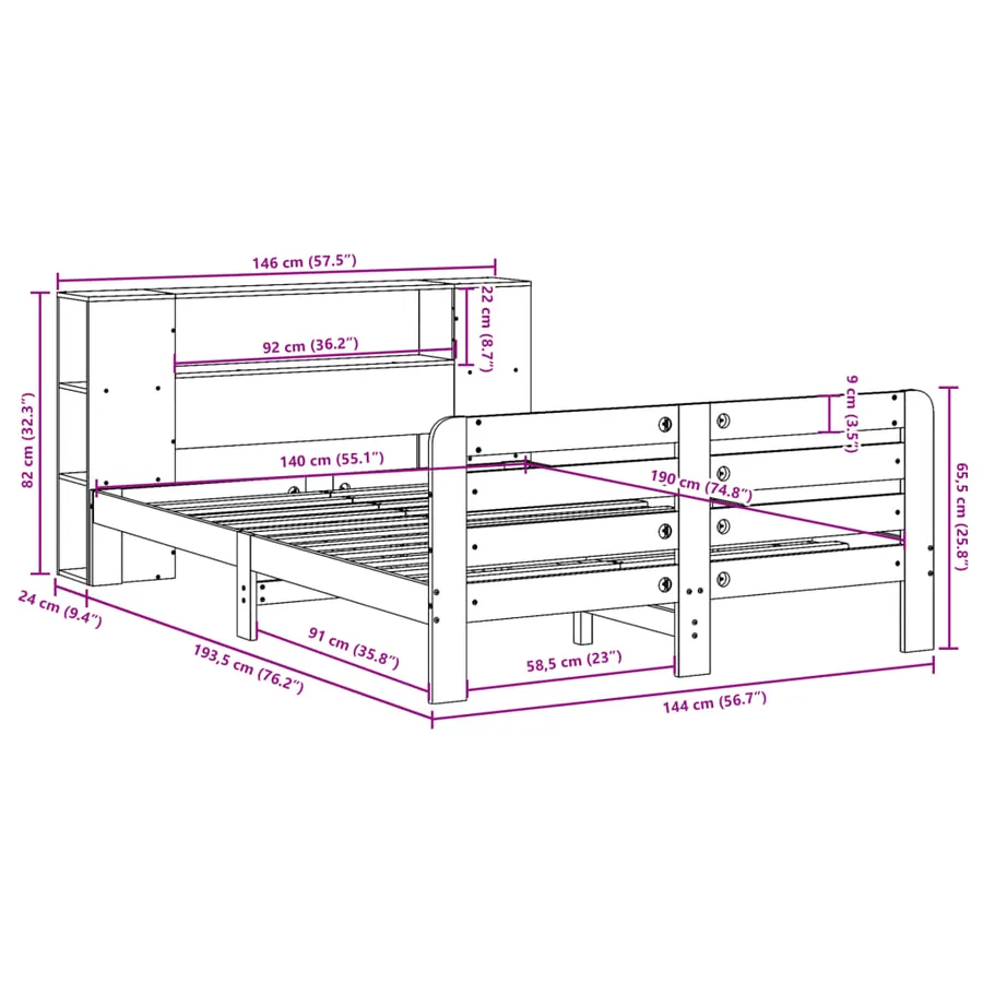 Cadre de lit sans matelas cire marron 140x190cm bois pin massif - 12