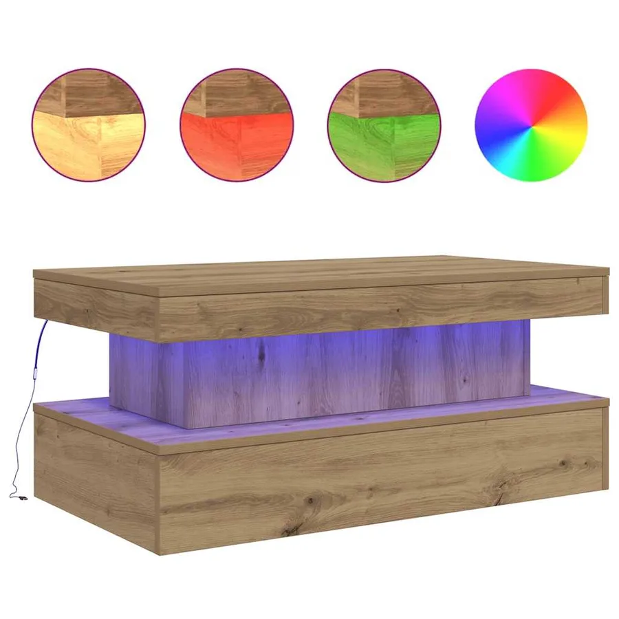 Table basse avec lumières LED chêne artisanal 90x50x40 cm - 2