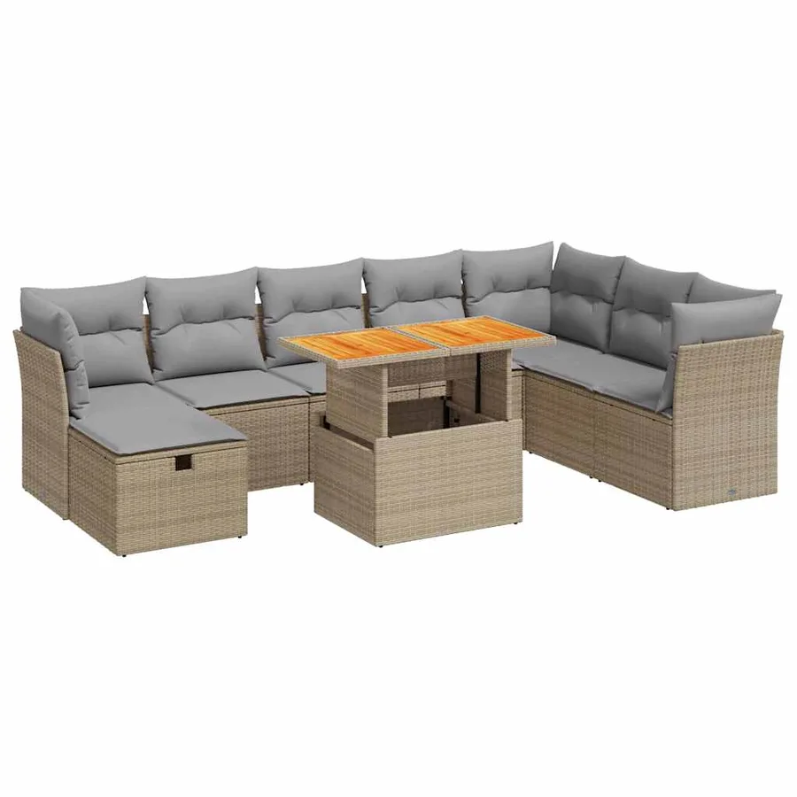 Salon de jardin avec coussins 9 pcs beige résine tressée acacia - 2