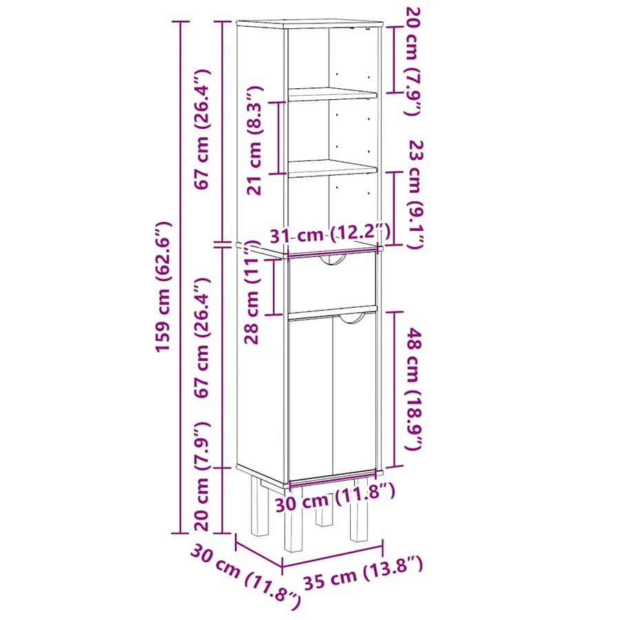 Armoire de salle de bain OTTA 35x30x159 cm bois massif de pin - 8