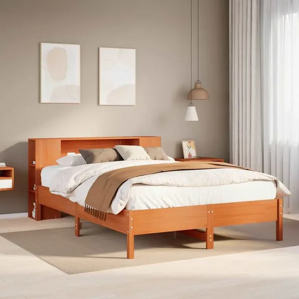Lit bibliothèque sans matelas cire marron 135x190 cm pin massif