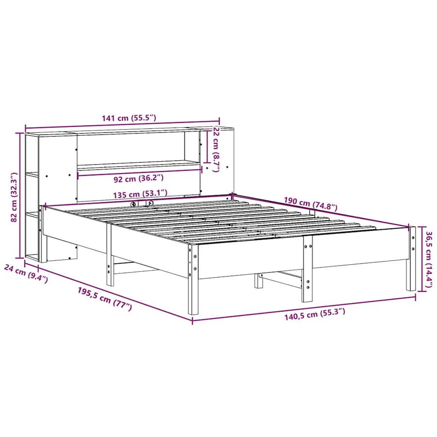 Lit bibliothèque sans matelas cire marron 135x190 cm pin massif - 11