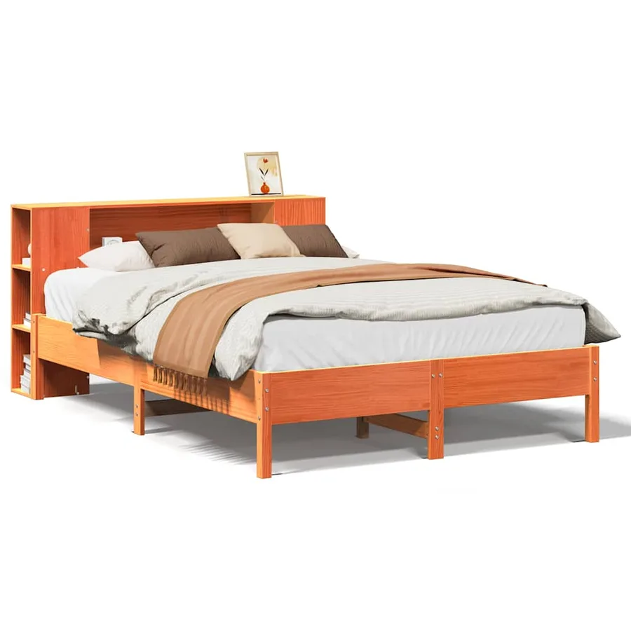Lit bibliothèque sans matelas cire marron 135x190 cm pin massif - 2