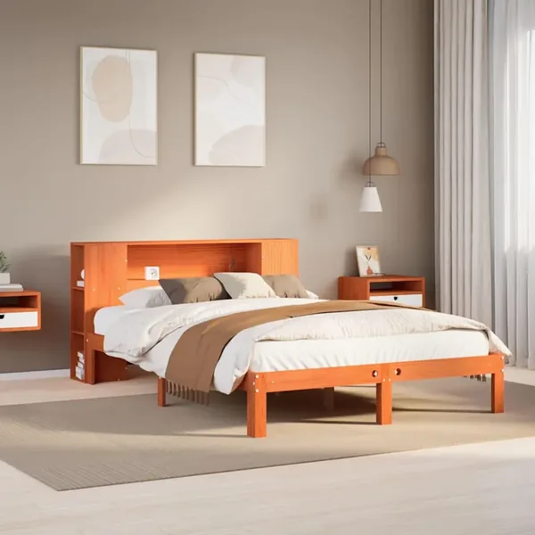 Lit bibliothèque sans matelas cire marron 135x190 cm pin massif