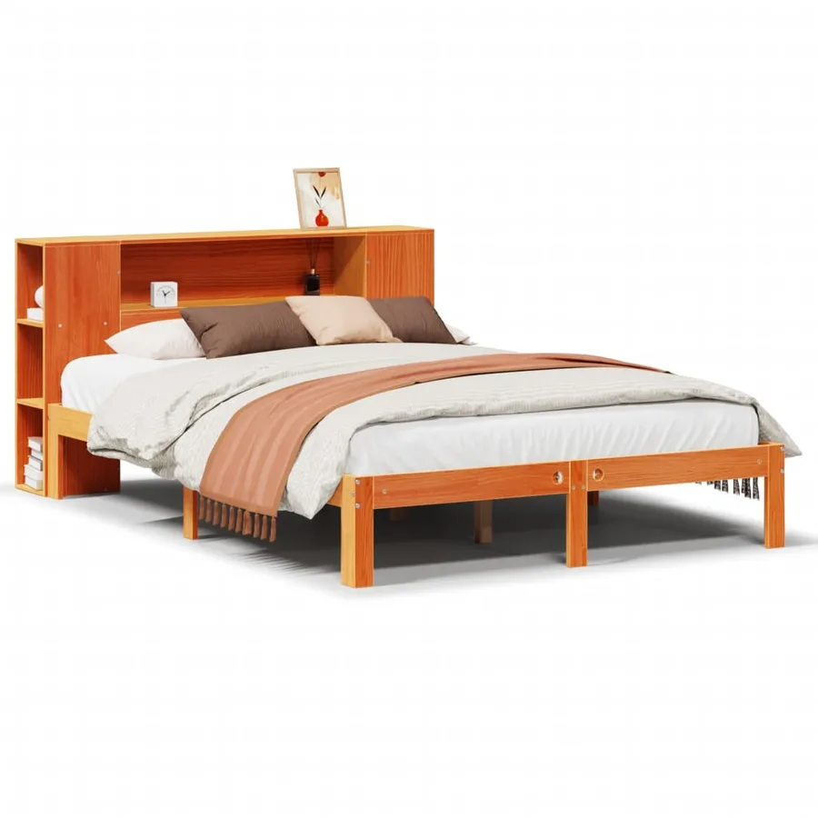 Lit bibliothèque sans matelas cire marron 135x190 cm pin massif - 2