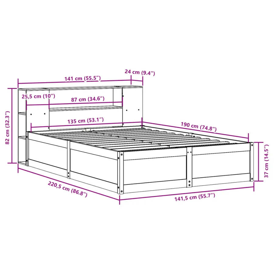 Cadre de lit sans matelas cire marron 135x190cm bois pin massif - 12