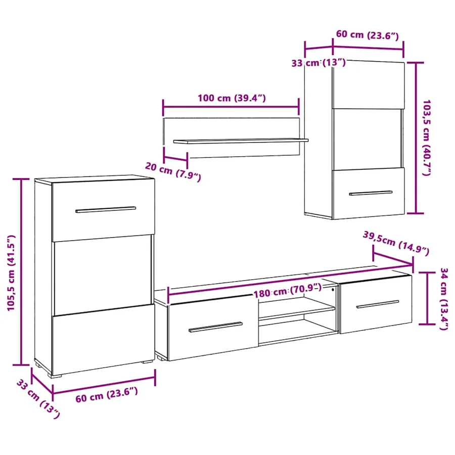 Meubles TV 5 pcs avec lumière LED blanc mat bois d'ingénierie - 13
