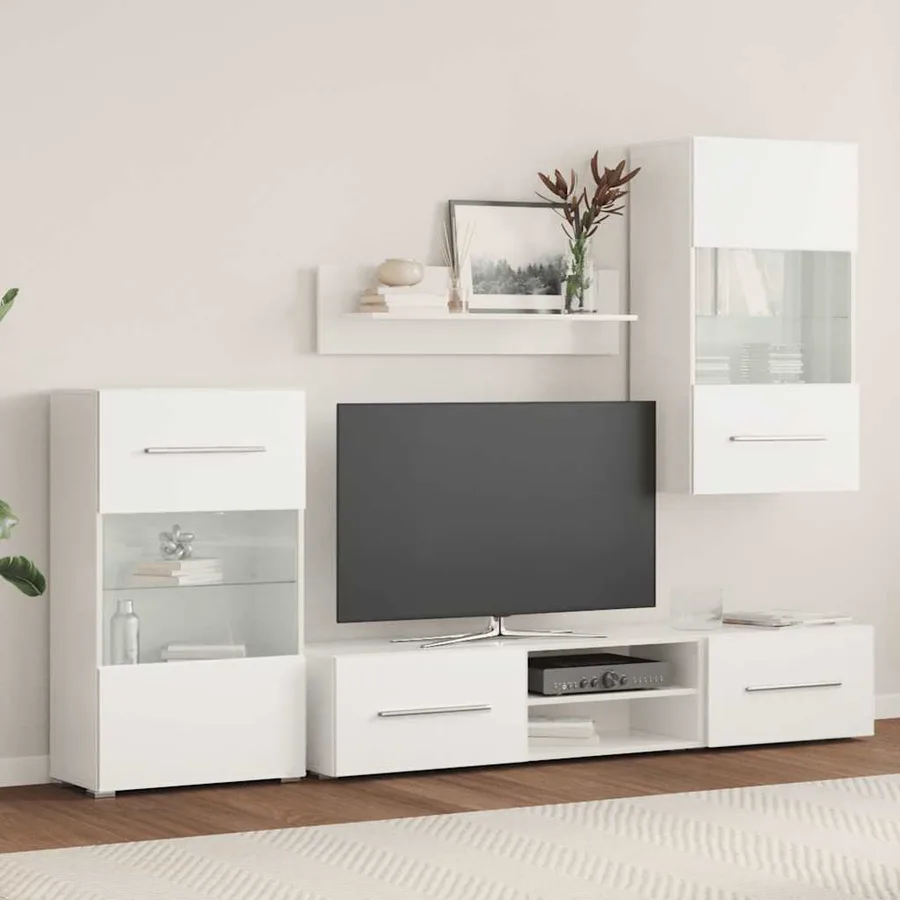 Meubles TV 5 pcs avec lumière LED blanc mat bois d'ingénierie - 3