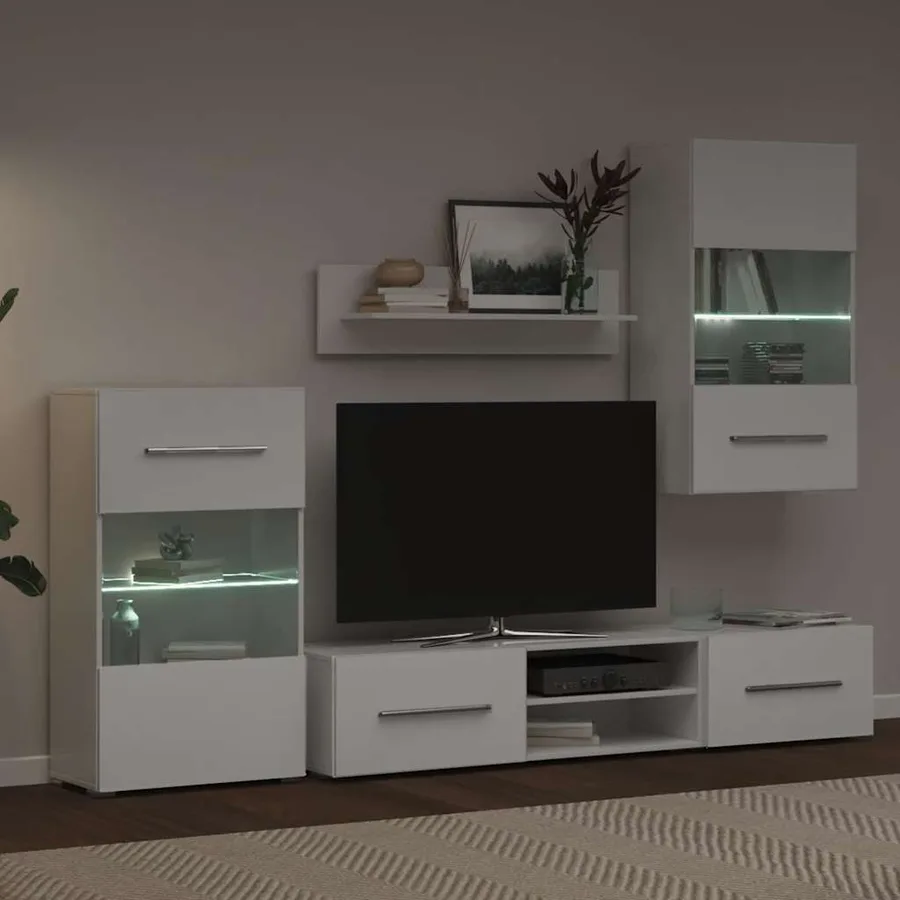 Meubles TV 5 pcs avec lumière LED blanc mat bois d'ingénierie - 4