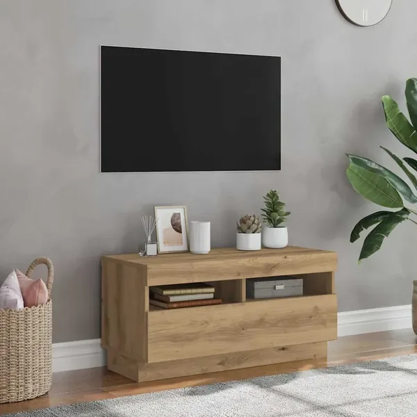 Meuble TV avec lumières LED chêne artisanal bois d'ingénierie