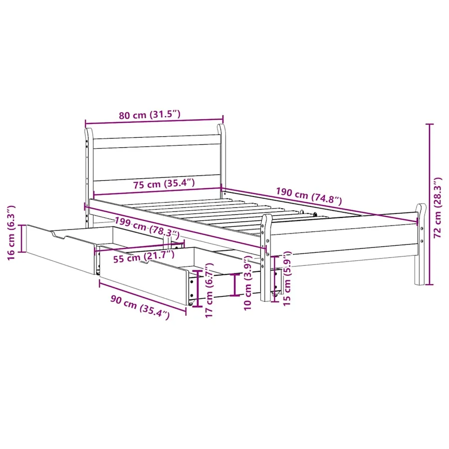 Cadre de lit sans matelas 75x190 cm bois de pin massif - 12