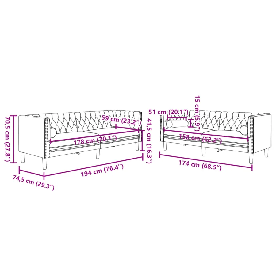 Ensemble de canapé Chesterfield et traversins 2 pcs velours - 8