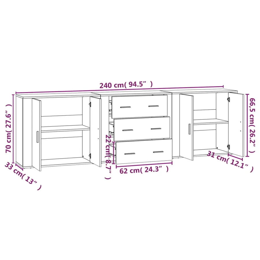 Buffets 3 pcs gris béton bois d'ingénierie - 9