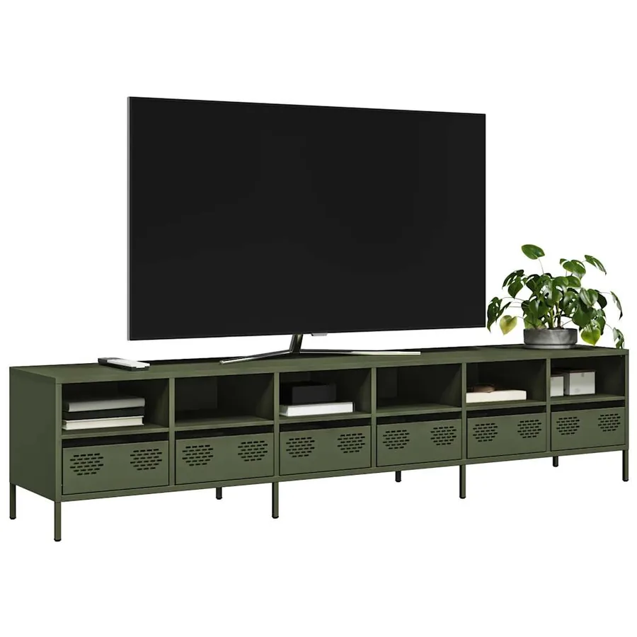 Meuble TV vert olive 202x39x43,5 cm acier laminé à froid